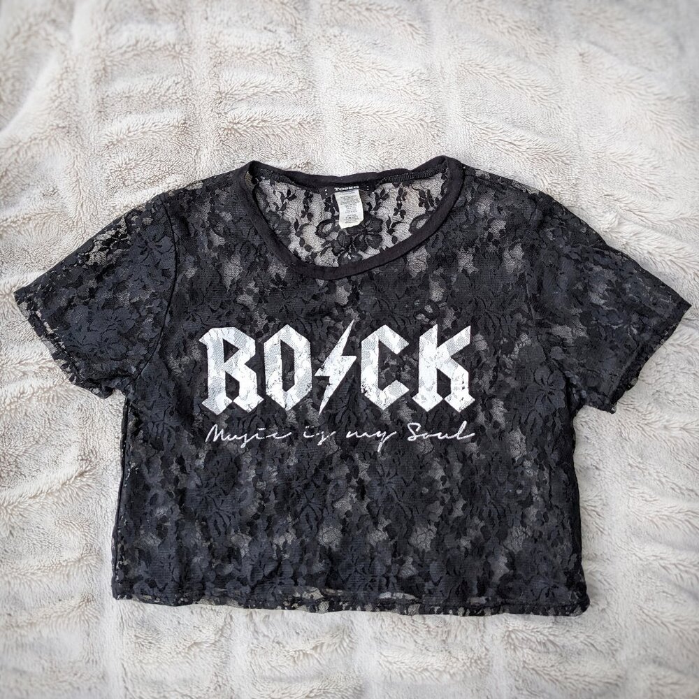 Vintage 80s Graphic Baby Tee, Cropped Black Lace “Rock” T Shirt, Sz. M